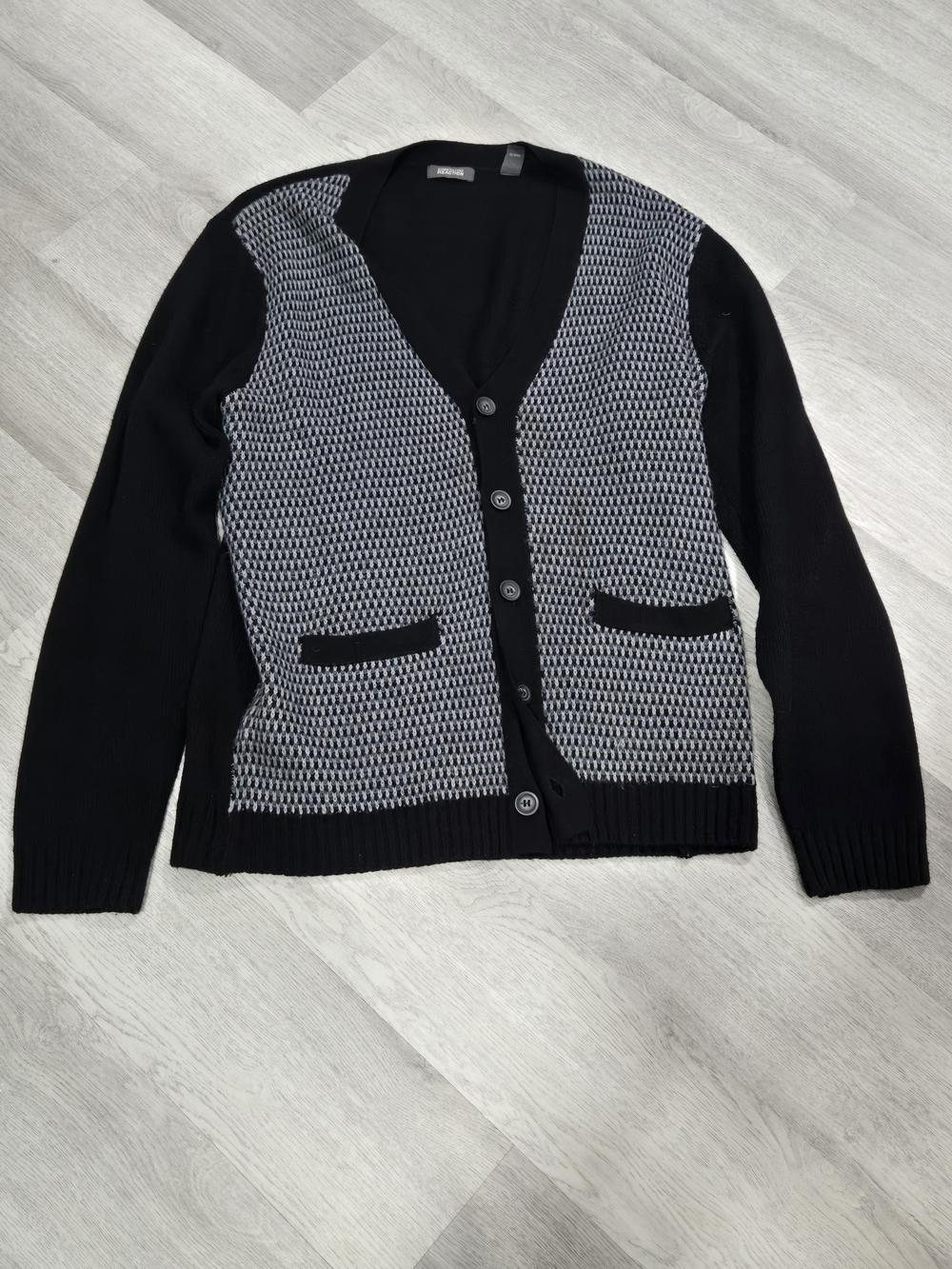 Kenneth Cole Black and Gray Patterned Button-Up Cardigan Sweater
